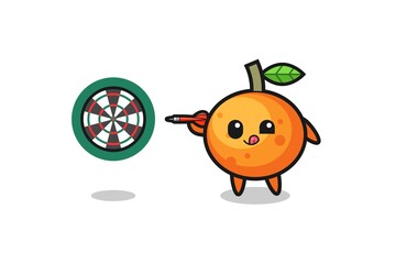 cute mandarin orange is playing dart