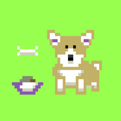 Vector illustration of a Welsh Corgi dog in pixel art style. It can be used for the production of stickers, decor, textiles.