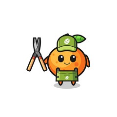 cute mandarin orange as gardener mascot
