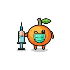 Obraz premium mandarin orange mascot as vaccinator