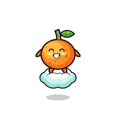 cute mandarin orange illustration riding a floating cloud