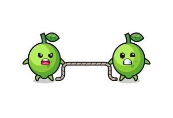 cute lime character is playing tug of war game