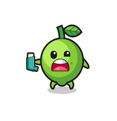 lime mascot having asthma while holding the inhaler