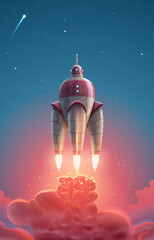Fantasy cosmic spaceship over starry sky with fire flame and red smoke. Magic rocket in space flying to far stars in vector. High detailed illustration art.
