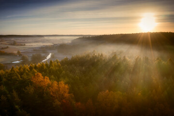 Radunia river meanders in the autumnal scenery before sunrise, Kashubia. Poland