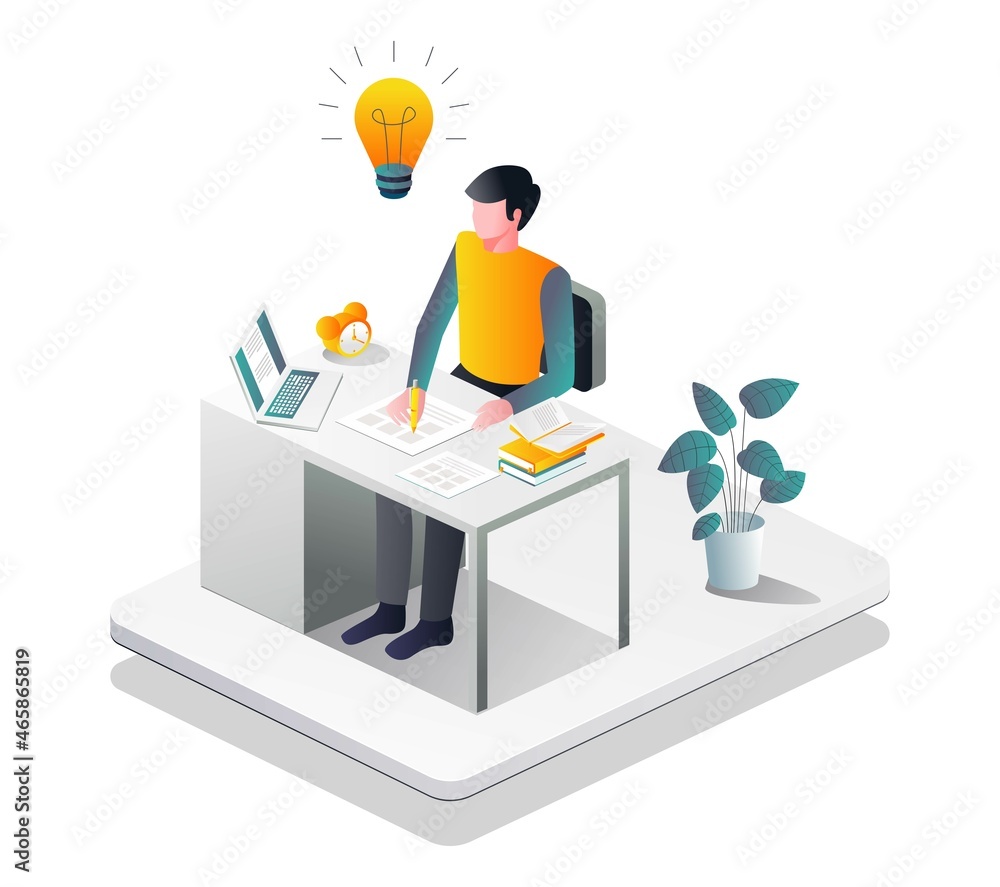Aufkleber writing ideas on the desk in isometric illustration