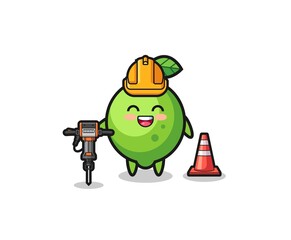 road worker mascot of lime holding drill machine
