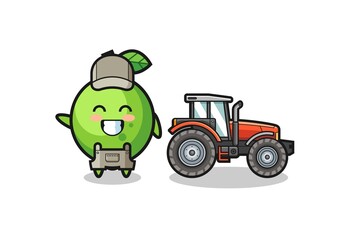 the lime farmer mascot standing beside a tractor