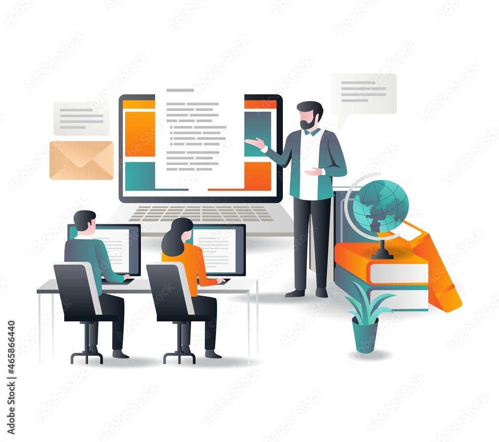Poster studying in class with laptop in flat design