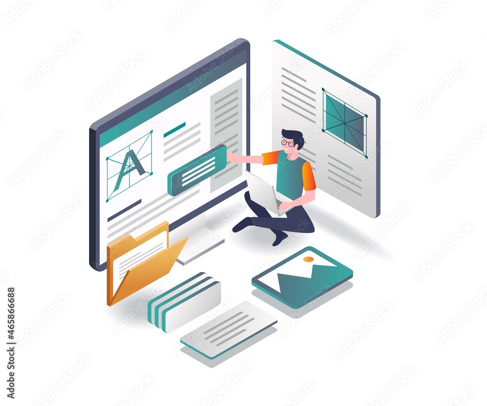 Poster The man is layout the blog display in isometric design