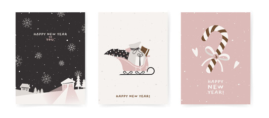 Collection of stylish Christmas cards in minimalist style. Сards with a winter house, Santa Claus sleigh and candy cane. Vector hand drawn illustration