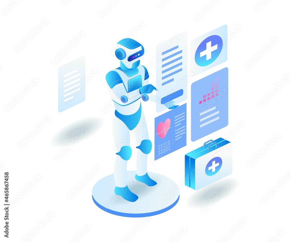 Aufkleber robots help doctors analyze patient data in isometric design