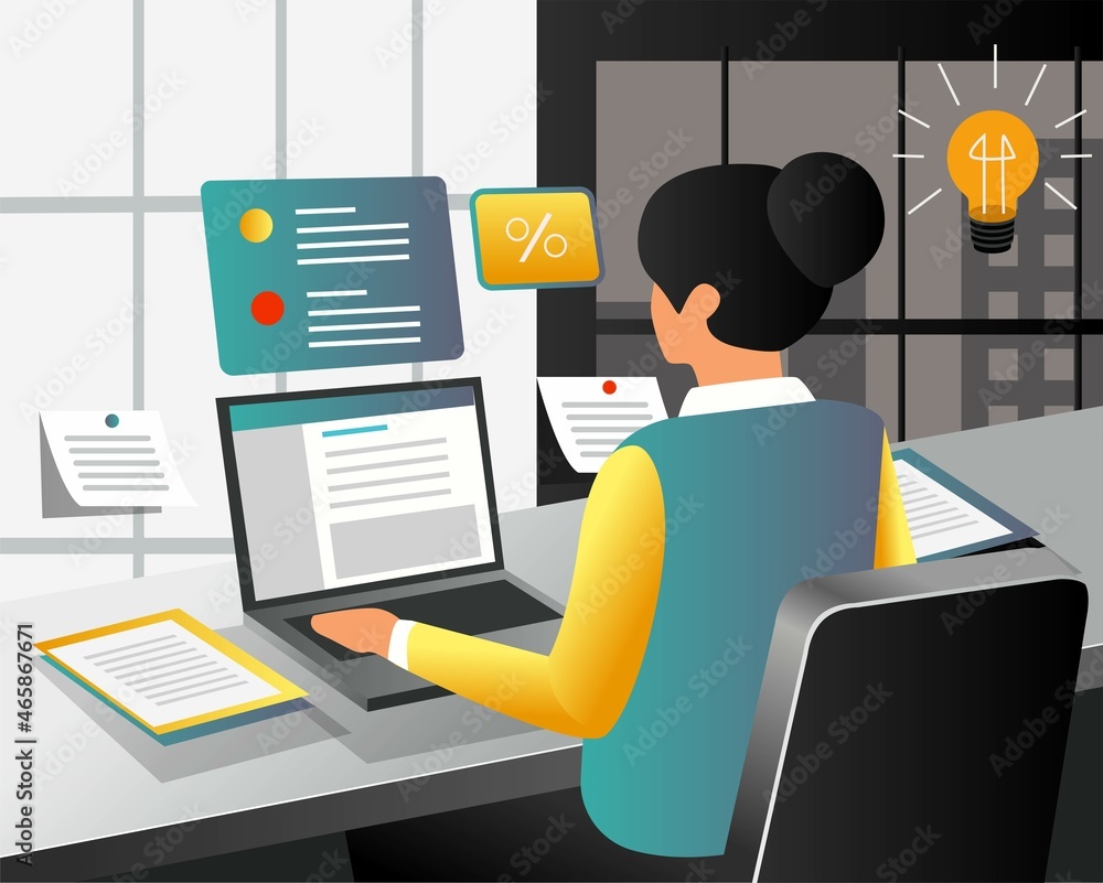 Poster girl working in office with laptop with some tasks
