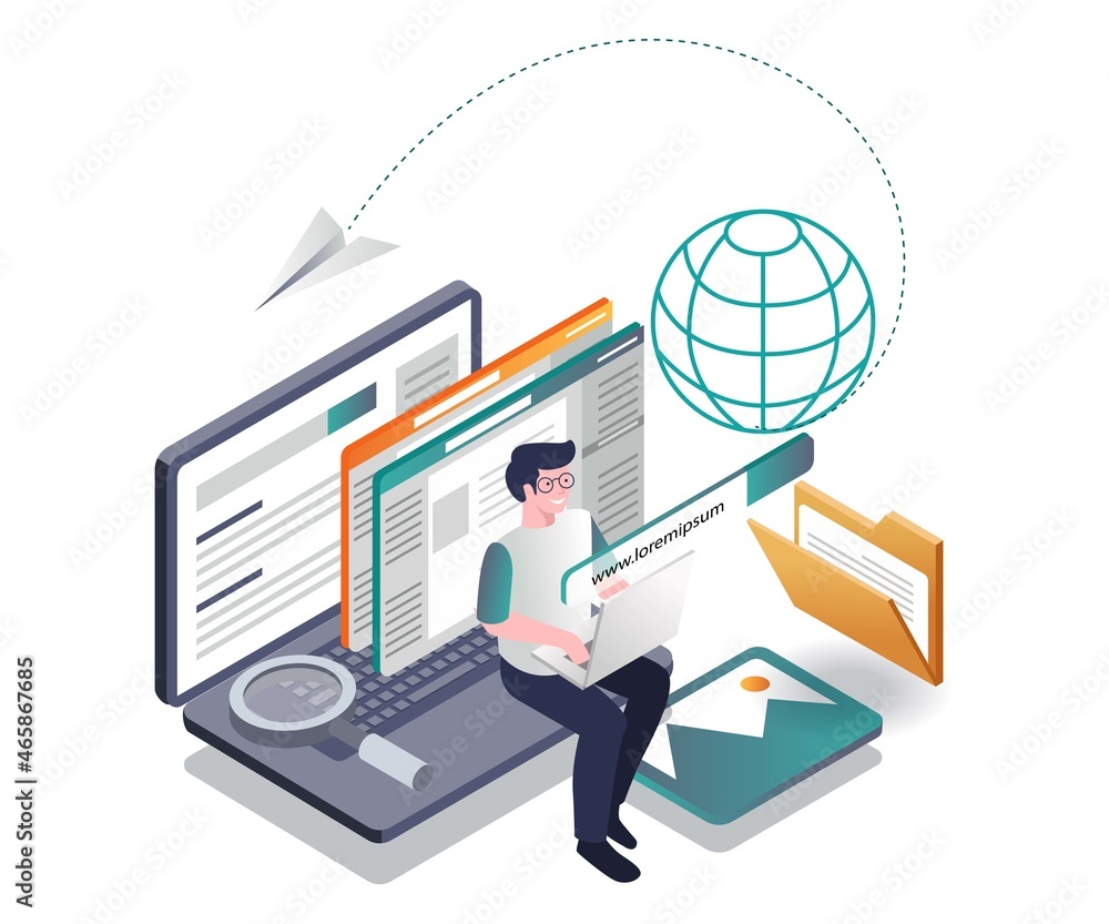 Poster man opening multiple browsers and looking for information