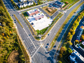 crossroads in Leesburg Virginia with little traffic. view from above