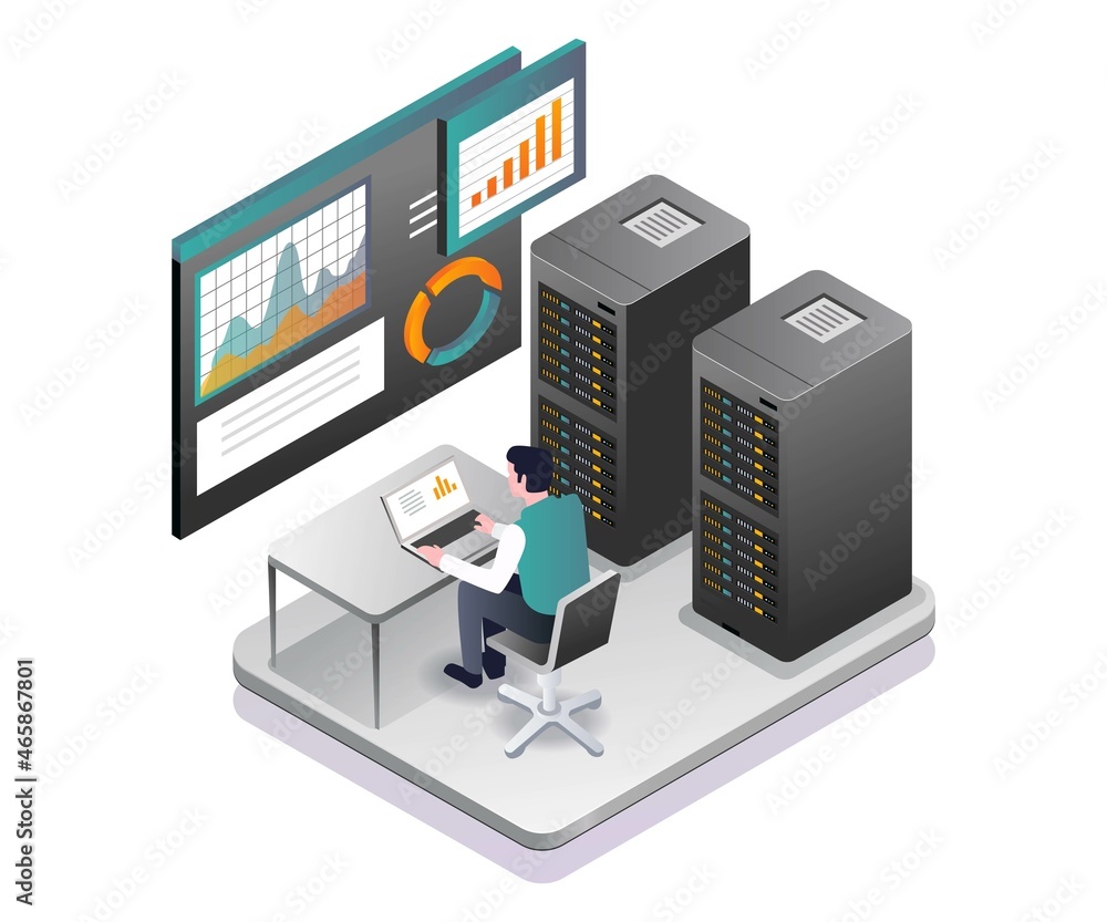 Poster man analyzing cloud server data