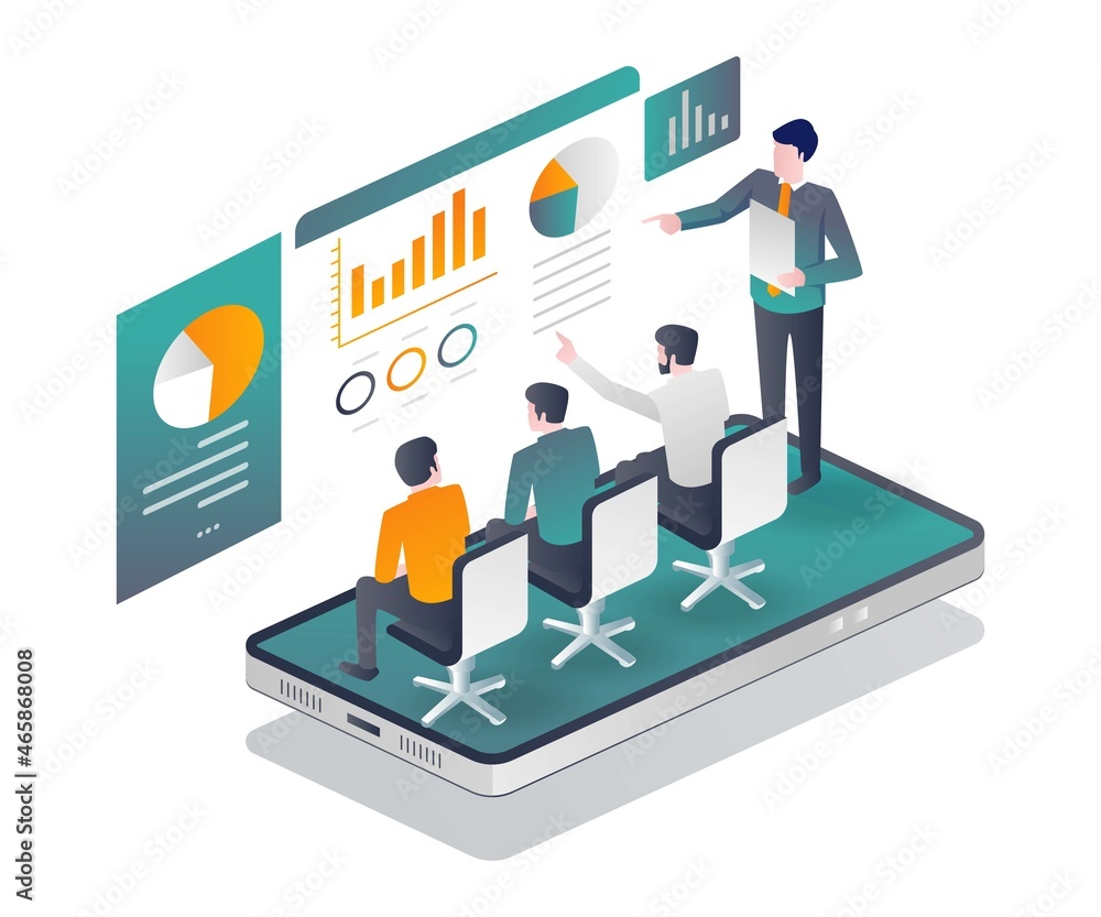 Aufkleber isometric illustration concept data analysis and online presentation