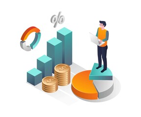 Investors standing on pie chart in isometric design