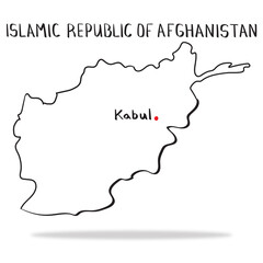 Hand drawn country map Islamic Republic of Afghanistan with capital Kabul