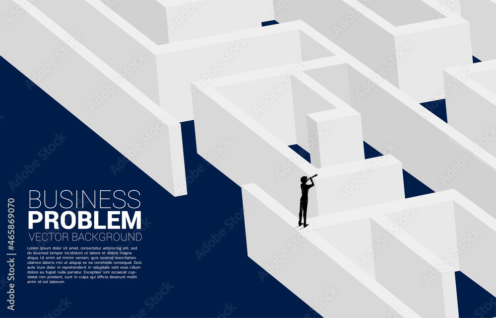 Poster silhouette of businessman look in telescope enter to maze to red flag. business concept for finding 