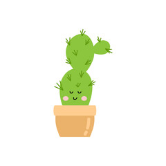 Cute cactus flat style vector illustration on white background. Houseplant succulent. Funny cacti with faces in pots for design, cards, stickers.