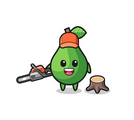 avocado lumberjack character holding a chainsaw