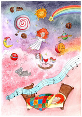 Watercolor kids illustration, lullaby, sleeping little girl.