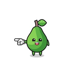 avocado cartoon with pointing left gesture