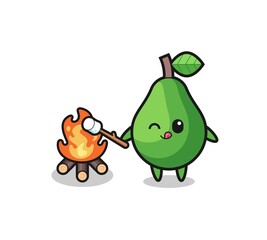 avocado character is burning marshmallow