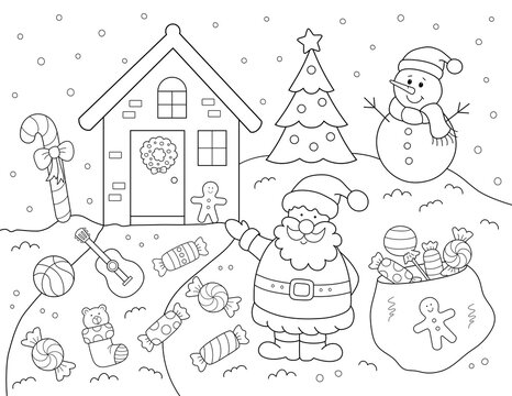 cute christmas coloring page for kids full of candy, a snowman, santa claus, a little house and more. you can print it on standard 8.5x11 inch paper