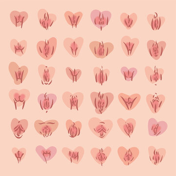 Cute pink vulva hearts pattern. Feminists symbol