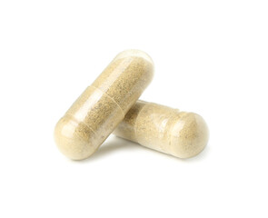 Medical vitamin K pills on white background