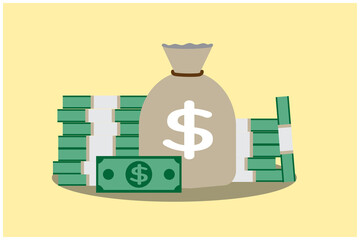 Money. Dollars banknotes. Cash money. money bag. Flat style Vector illustration