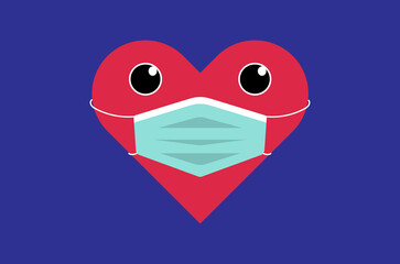 Red heart cartoon with big eye wearing medical mask. Lovely heart in covid19 Corona virus quarantine pandemic times. Design for Valentine's Day greeting card, poster, banner.