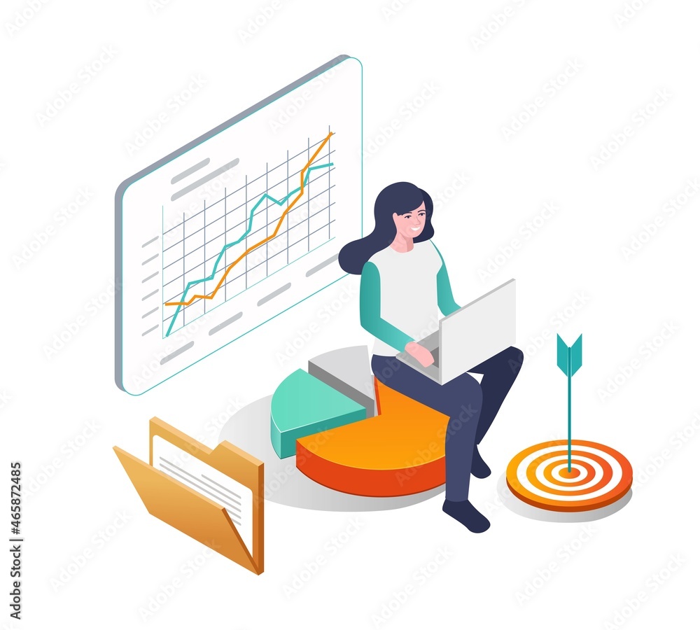 Poster a woman sitting on a pie graph with analyst data
