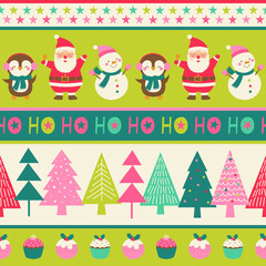 Cute cartoon character and christmas elements seamless pattern with striped background.