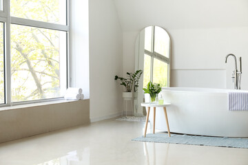 Interior of light room with mirror and bathtub