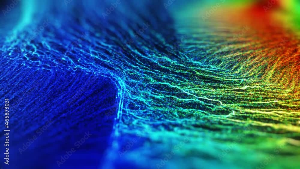 Poster cinematic background with rainbow of particles, abstract motion of particles. dynamic particles with