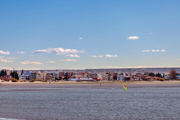 Panoramic with windsurfer on the beaches of Puerto Madryn, Argentina