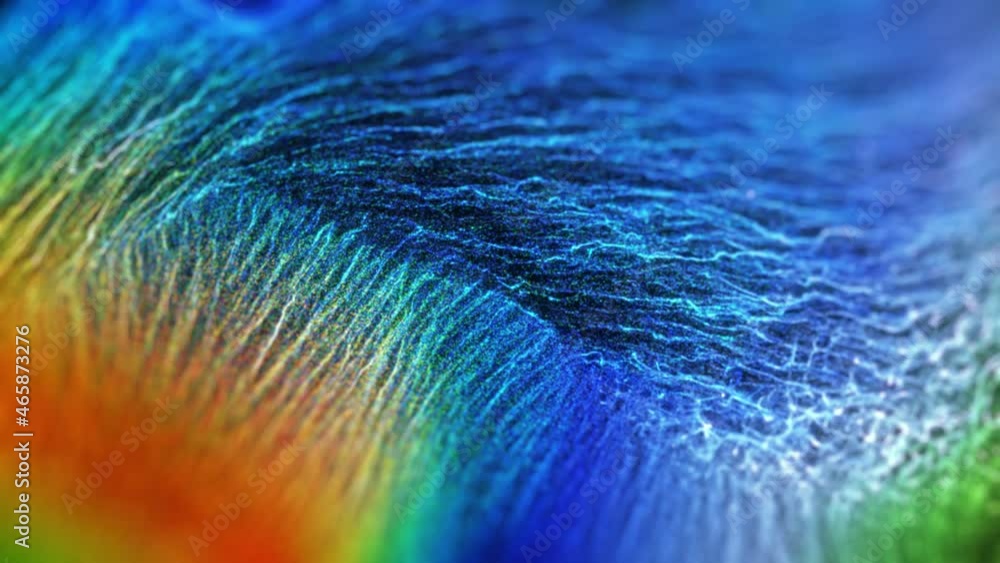 Poster colored digital particles. swirling, flowing motion on black background. abstract motion background 