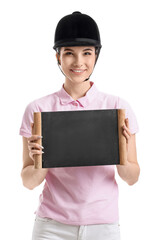 Female jockey with blank chalkboard on white background