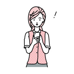 立ってスマートフォンを操作して何かに気づいて驚いた事務員制服の女性