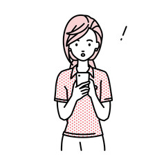 立ってスマートフォンを操作して何かに気づいて驚いたポロシャツの女性