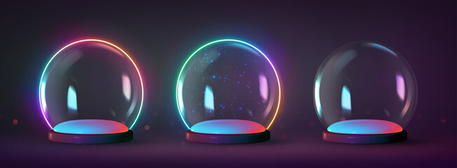 Christmas set glowing glass winter snow balls in neon light. Realistic 3d design magical sphere transparent. Holiday decoration objects. Template podium studio. Xmas background. Vector illustration © lauritta
