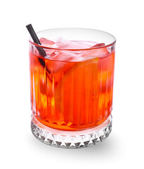 Glass of negroni cocktail with straw on white background