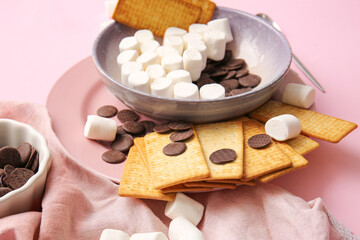 Obraz na płótnie Canvas Plate with crackers, marshmallows and chocolate on pink background, closeup