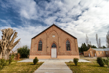 Front view of old Baptist church in the town of Gaiman, in Chubut, Argentina