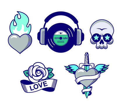 set of various tattoo old style rock music and love stickers. engrave vintage design of hearts with wings, key, sword, fire, skull for sticker, print, t-shirt, label, poster