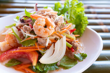 Spicy glass noodles with seafood salad, Thai food