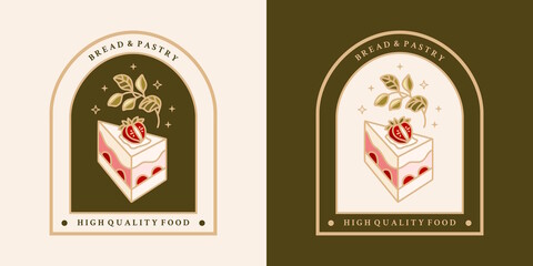 Hand drawn vintage cake, pastry and bakery elements with strawberry fruit and floral leaf illustration for food logo, emblem, cafe icon, brand, sticker or product decoration
